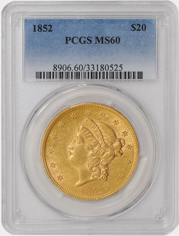 【動画あり 右肩上がり】アンティークコイン アメリカ 20ドル金貨リバティヘッド1852 $20 Liberty Head Double Eagle PCGS MS60タイプ1