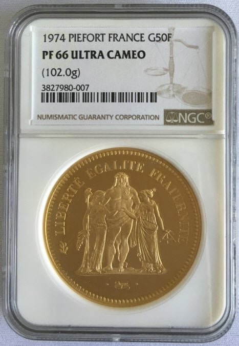 【動画あり】フランス試鋳貨金貨 リパブリックプルーフ金貨50フラン 1974 PF66 UCAM NGC