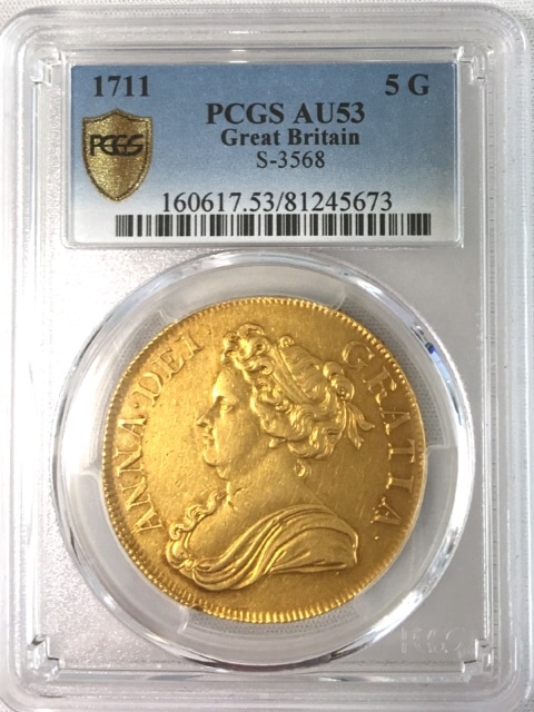 【動画あり】グレートブリテン1711年5ギニー金貨アン王女 AU53 PCGS