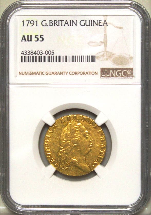 【動画あり】グレートブリテン　ジョージ3世　1791年　1ギニー金貨　NGC　AU55