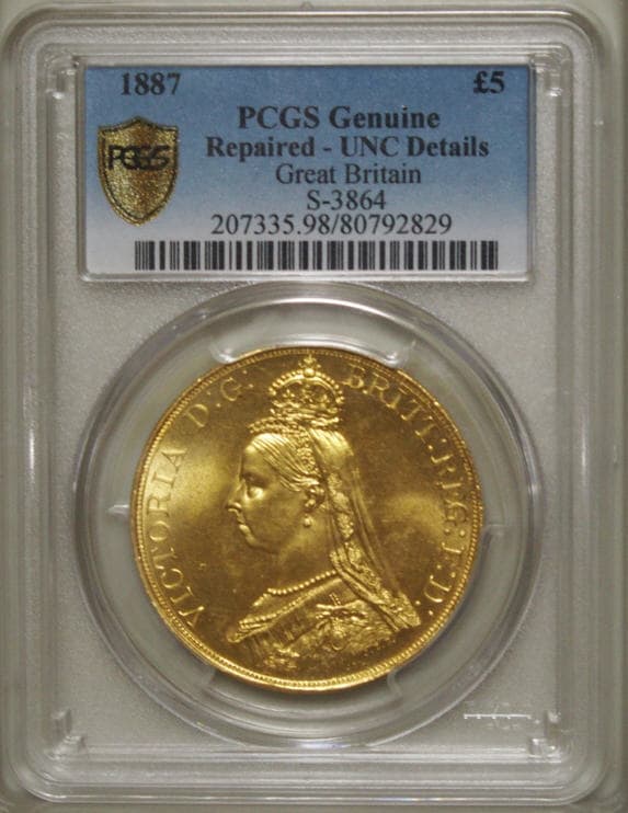 【動画あり】グレートブリテン　ビクトリア　ジュビリー　1887年　5ポンド金貨　PCGS UNC Details
