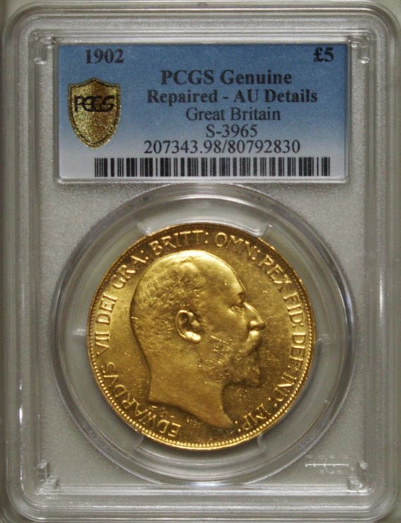 【動画あり】グレートブリテン　エドワード7世　1902年　5ポンド金貨　PCGS AU Details