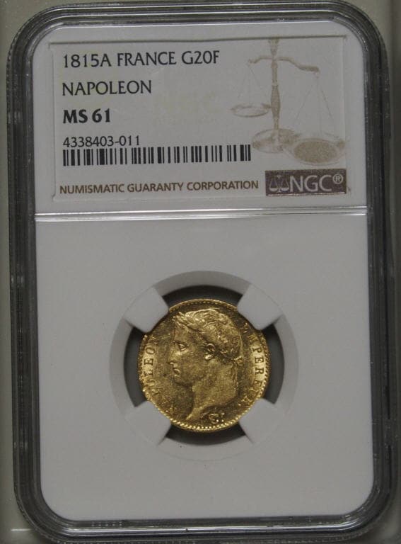 動画あり】フランス1815-A ルイナポレオン1世20フラン金貨NGC MS61