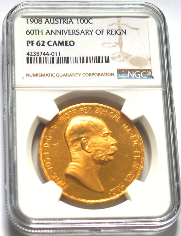 【動画あり】【3年で値上がり358%】オーストリア 1908年 雲上の女神 100コロナ 1908 AUSTRIA 100C 60TH ANNIVERSARY NGC PF62CAMEO