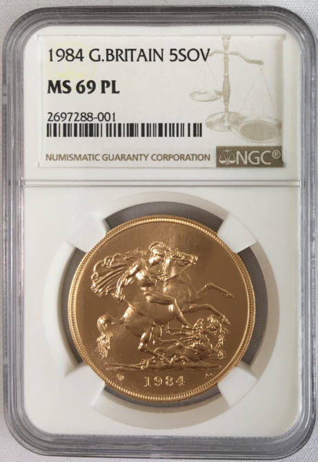 【動画あり】グレートブリテン1984U　ヤングエリザベス5ポンド金貨　MS69プルーフライク