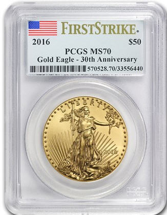 50ドル金貨　ゴールドイーグル　2016 GOLD EAGLE　30周年  ＄50 PCGS MS70 ファーストストライク完全未使用　