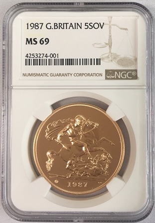 【動画あり】【残存9枚】1987 グレートブリテン5ソブリン金貨 NGC MS69