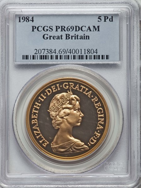 【動画あり】【トップグレード】1984 ヤングエリザベス5ポンド金貨 PR69DCAM PCGS