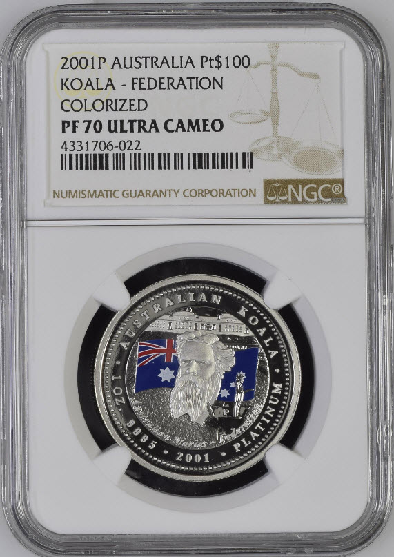 【動画あり】【残存7枚トップグレード】2001年 オーストラリア　コアラ　連合カラー化　100ドル　プルーフプラチナ貨NGC社PF70UCAM