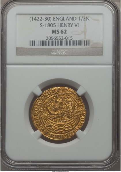 グレートブリテン　ヘンリー6世(First Reign, 1422-1461)ゴールド ハーフノーブルe 1422-c.1430 MS62 NGC