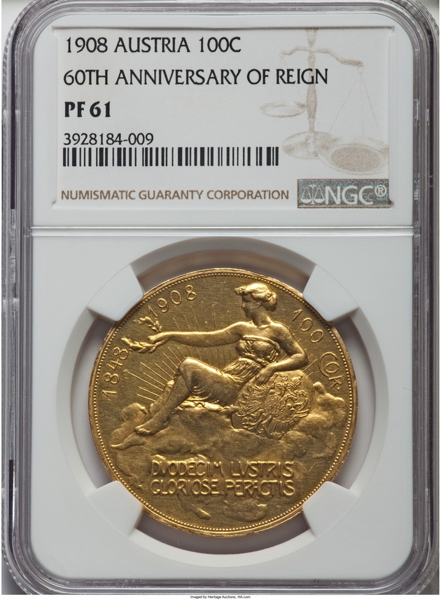 オーストリア1908年 雲上の女神 100コロナ 1908 60TH ANNIVERSARY NGC PF61