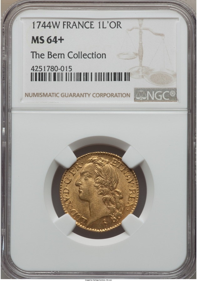【動画あり】【トップグレード残存1枚】フランス 1744年ルイ15世ルイドール金貨1744-W MS64+ NGC