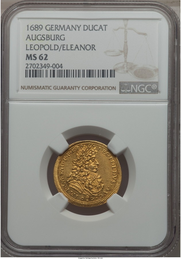 【動画あり】【トップグレード残存2枚】アンティークコイン ドイツ金貨 Augsburg. Free City レオポルト1世gold Ducat 1689年 MS62 NGC