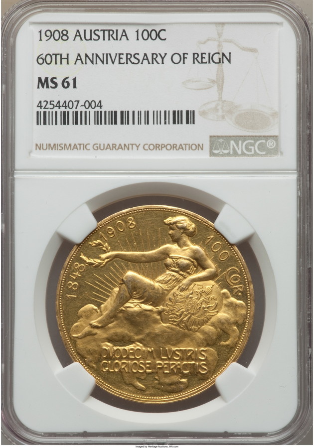 【動画あり】オーストリア 1908年 雲上の女神 100コロナ 1908 AUSTRIA 100C 60TH ANNIVERSARY MS61NGC