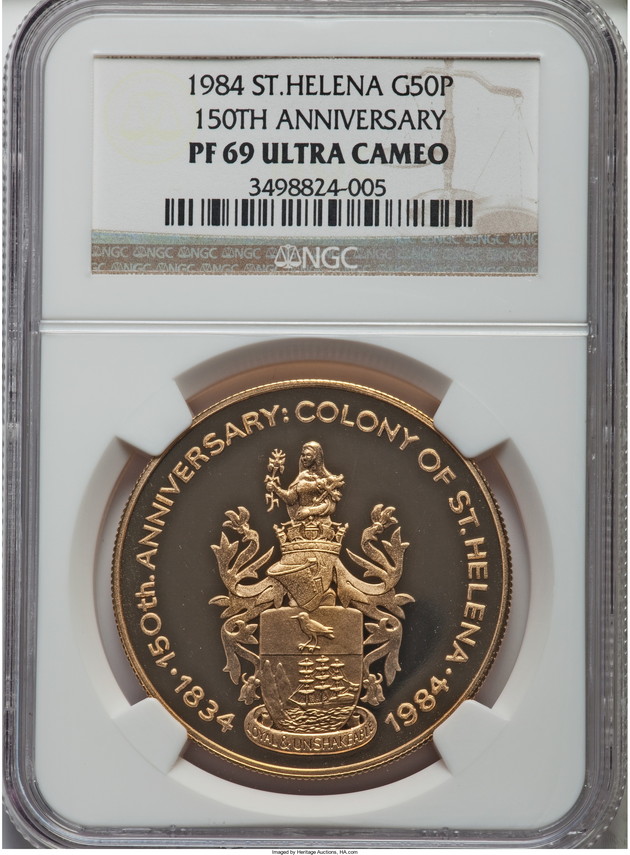 【残存1枚発行枚数50枚】1984年 グレートブリテン領 セントヘレナ島　ヤングエリザベス150周年記念　50ペンス　プルーフ金貨 NGC 6970UCAM