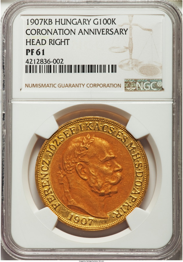 アンティークコイン　ハンガリー　1907年　皇帝戴冠式記念100コロナ金貨　PF61　NGC