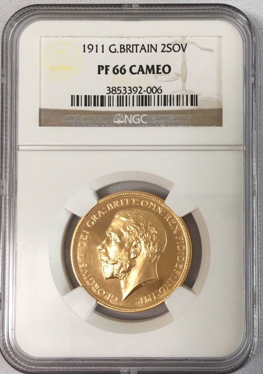 【動画あり】アンティークコイン　グレートブリテン　1911年ジョージ5世2ポンドプルーフ金貨　PF66　CAMEO NGC