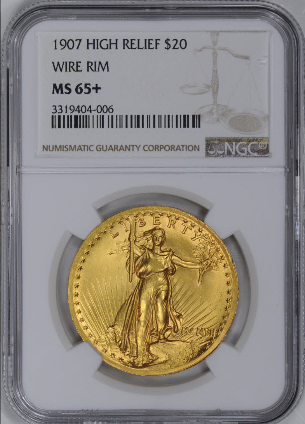 アンティークコイン　アメリカ20ドル金貨セントゴーデンズ　ハイリリーフ1907 ＄20 NGC MS65＋　 Wire Rim