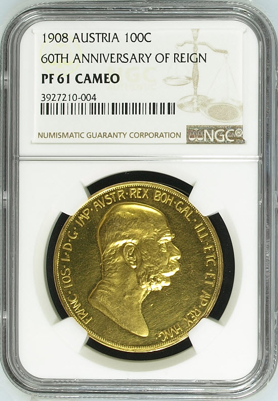 オーストリア1908年 雲上の女神 100コロナ 1908 60TH ANNIVERSARY NGC PF61CAMEO