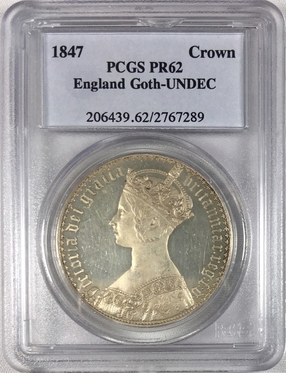 【動画あり】グレートブリテン　ヴィクトリア　ゴシック　クラウン1847年UN DECIMOエッジPR62 PCGS