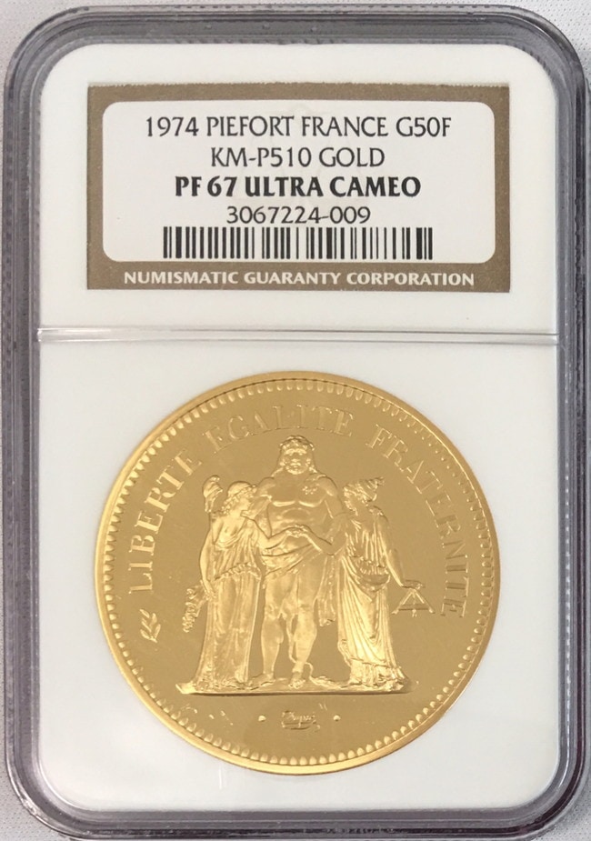 【動画あり】フランス試鋳貨金貨 リパブリックプルーフ金貨50フラン 1974 PF67 UCAM NGC