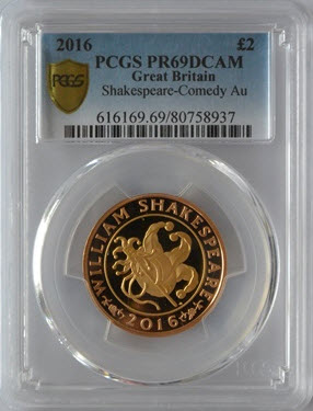 【動画あり】2016グレートブリテン2ポンド　シェイクスピア プルーフ金貨PR69DCAM PCGS