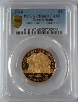 【動画あり】2016グレートブリテン2ポンド　ファイヤーオブロンドン プルーフ金貨PR68DCAM PCGS