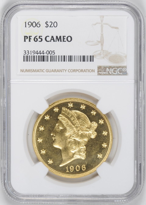 アンティークコイン アメリカ 20ドル金貨リバティヘッド1906 $20 Liberty Head Double Eagle NGC PF65カメオ