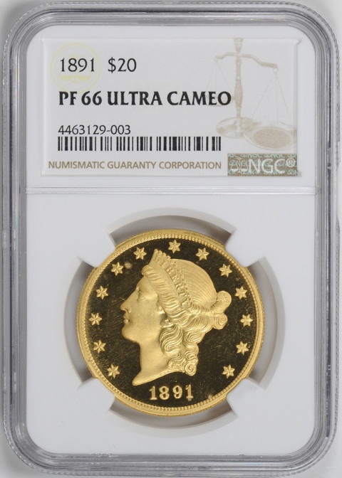アンティークコイン アメリカ 20ドル金貨リバティヘッド1891 $20 Liberty Head Double Eagle NGC PF66ウルトラカメオ
