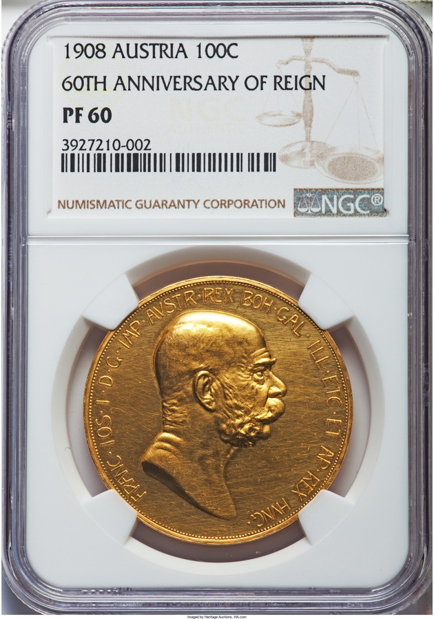 オーストリア1908年 雲上の女神 100コロナ 1908 60TH ANNIVERSARY NGC PF60