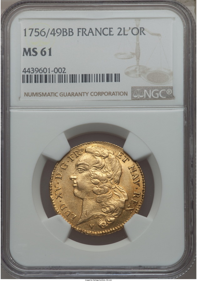【トップグレード残存1枚】フランス 1759/49BB年ルイ15世2ルイドール金貨1755-BB MS61 NGC