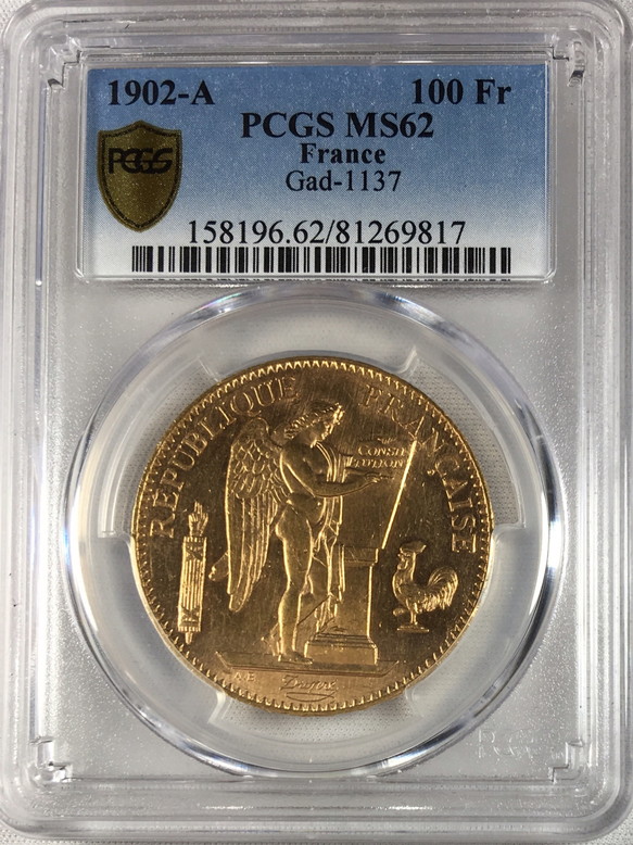 【動画あり】1902-Aフランス　エンジェル100フラン金貨　PCGS　MS62