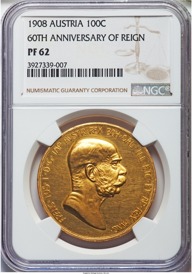 【\SPA掲載コイン】オーストリア1908年 雲上の女神 100コロナ 1908 60TH ANNIVERSARY NGC PF62