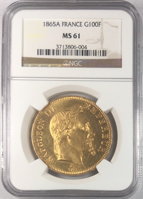 【動画あり】アンティークコイン フランス金貨 エンペラー ナポレオン III　Napoleon III gold 100 Francs 1865-A MS61　NGC