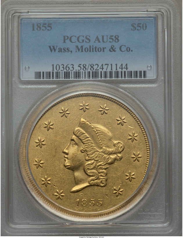 アンティークコイン　アメリカ1855年Wass Molitor50ドル　PCGS　AU58