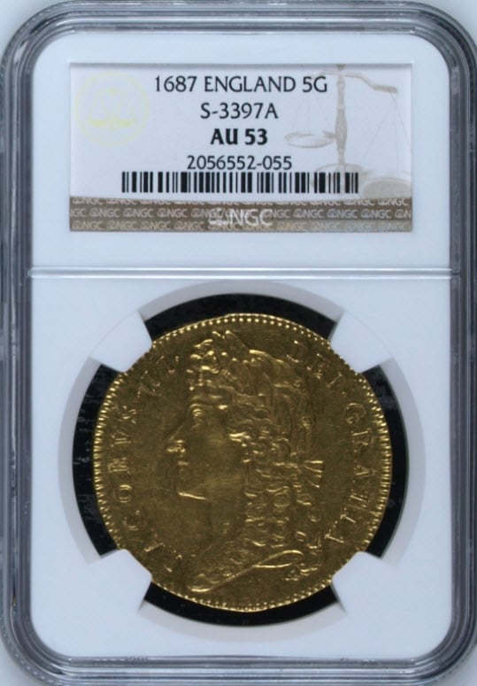 アンティークコイン　グレートブリテン1687年ジェームズ2世5ギニー金貨　AU53 NGC
