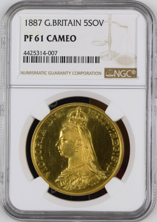 アンティークコイン　グレートブリテン　1887年ビクトリア5ポンドプルーフ金貨PF61CAM