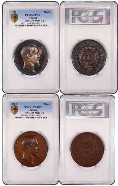 【動画あり】【2枚組オリジナル箱付き】1855年ナポレオン　パリ万博銀メダルPCGS　SP64・銅メダルPCGS SP65BN　