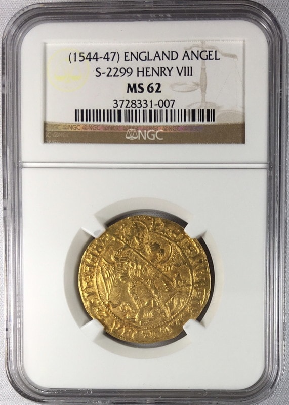 【動画ありトップグレード残存1枚】グレートブリテン ヘンリー8世(1544-1547)　エンジェル金貨　MS62　NGC