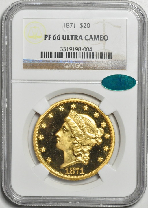 アンティークコイン　アメリカ　20ドル金貨リバティヘッド1871 ＄20 Liberty Head Double EaglePF66UCAM　NGC　CAC