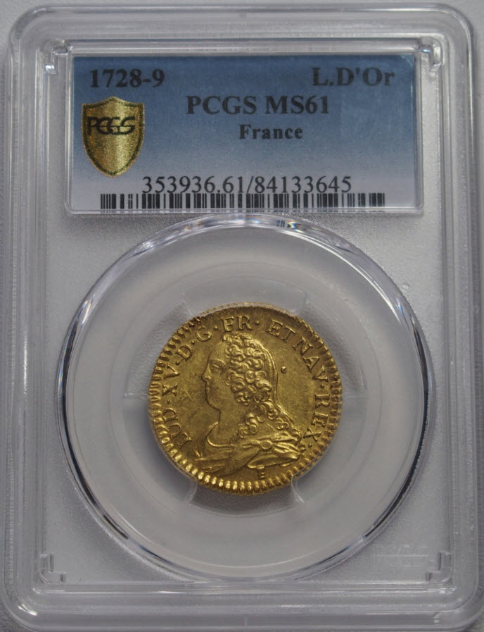【トップグレード残存1枚】フランス 1728-29年ルイ15世ルイドール金貨1728-29-A MS61 PCGS