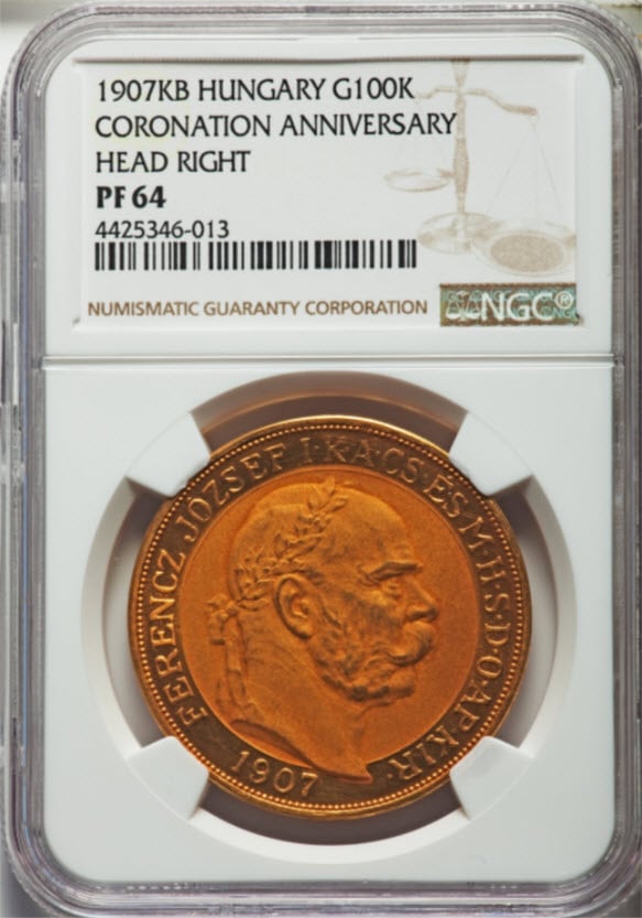 【動画あり】アンティークコイン　ハンガリー　1907年　皇帝戴冠式記念100コロナ金貨　PF64　NGC