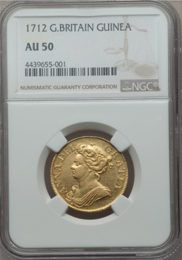 【トップ2グレード残存1枚】1712年ギニー金貨アン王女AU50 NGC
