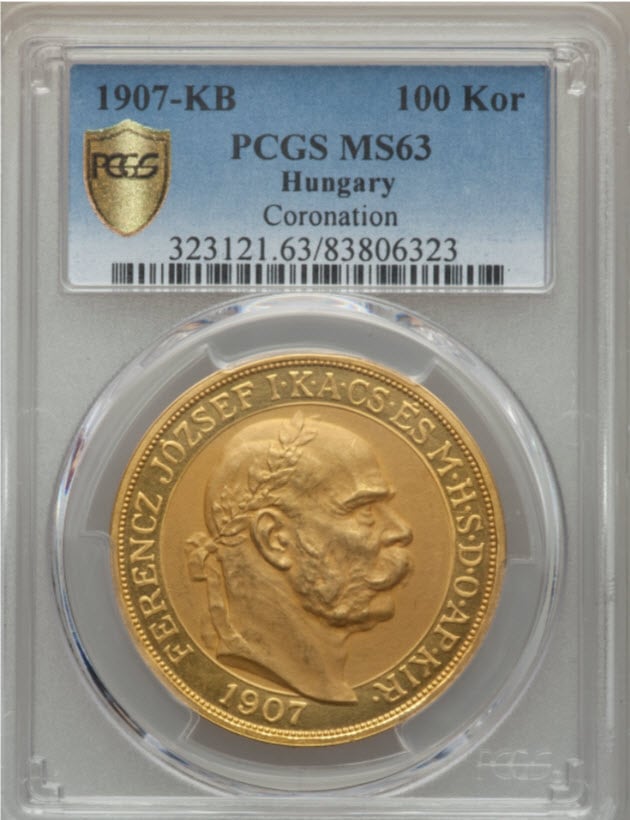 【動画あり】アンティークコイン　ハンガリー　1907年　皇帝戴冠式記念100コロナ金貨　MS63　PCGS