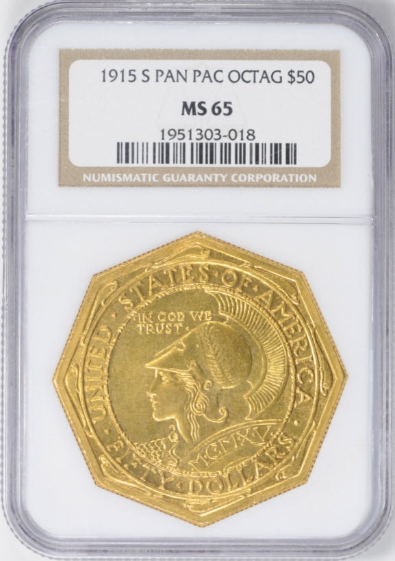 アメリカアンティークコイン50ドル　パナマパシフィック金貨1915-S　Octa　＄50 NGC　MS65