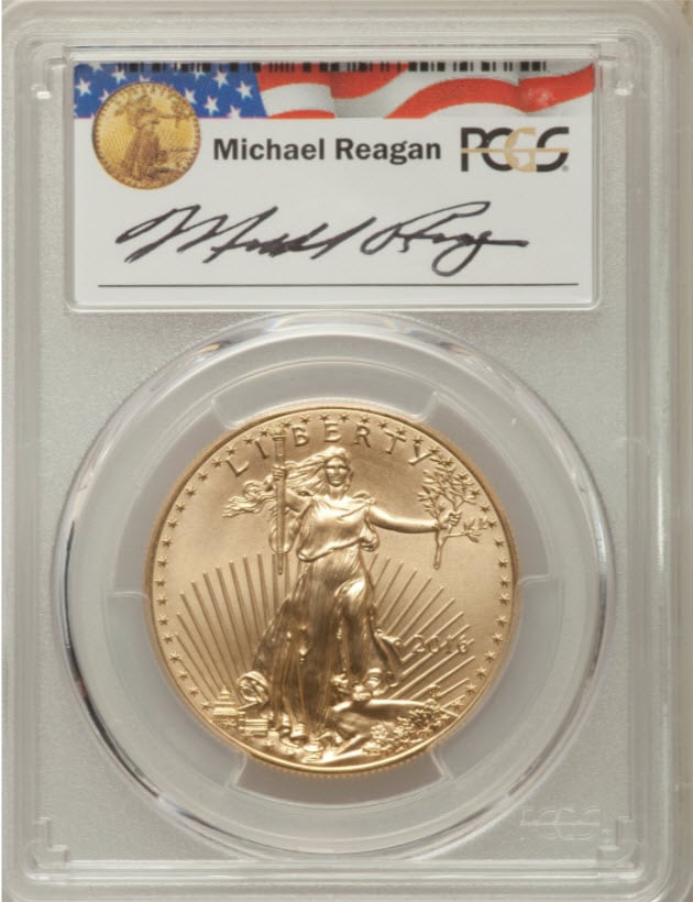 【動画あり】30周年記念　50ドル金貨　ゴールドイーグル　2016  ＄50PCGS MS70 マイケルレーガン　サイン入り