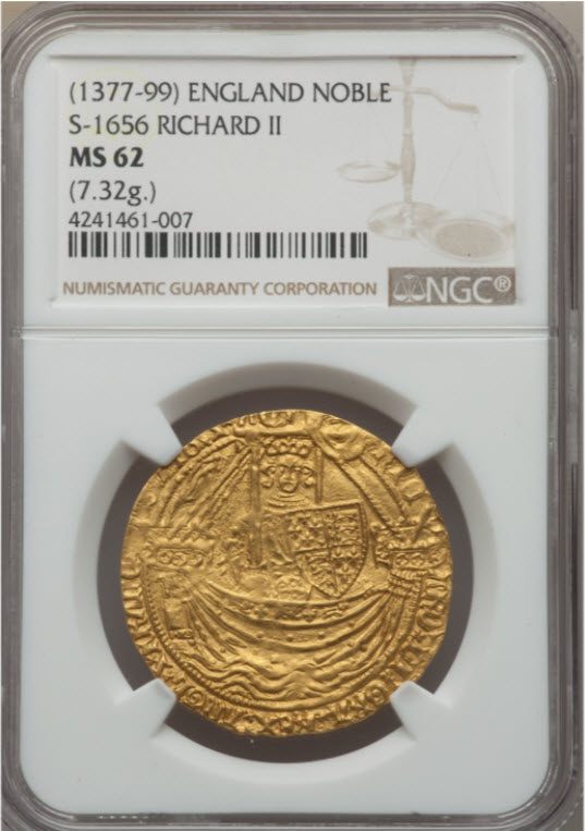 【トップグレード残存1枚】グレートブリテン リチャード2世(1377-1399)　ノーブル金貨　MS62　NGC