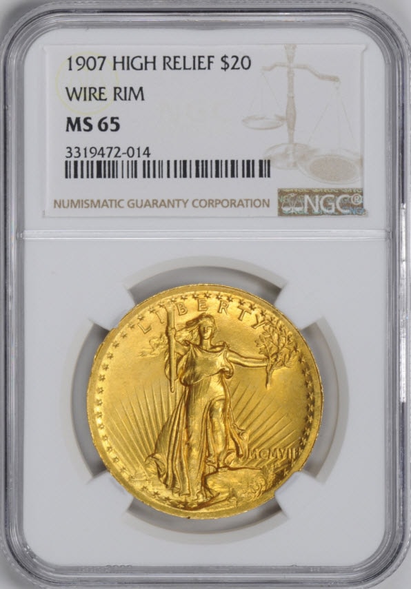 アンティークコイン　アメリカ20ドル金貨セントゴーデンズ　ハイリリーフ1907 $20 NGC MS 65　 Wire Rim
