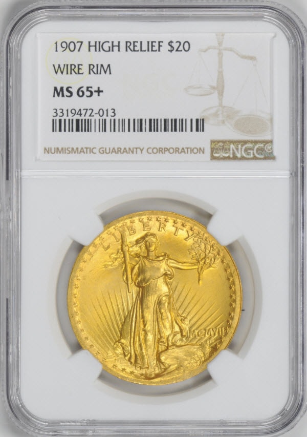 アンティークコイン　アメリカ20ドル金貨セントゴーデンズ　ハイリリーフ1907 $20 NGC MS 65+　 Wire Rim