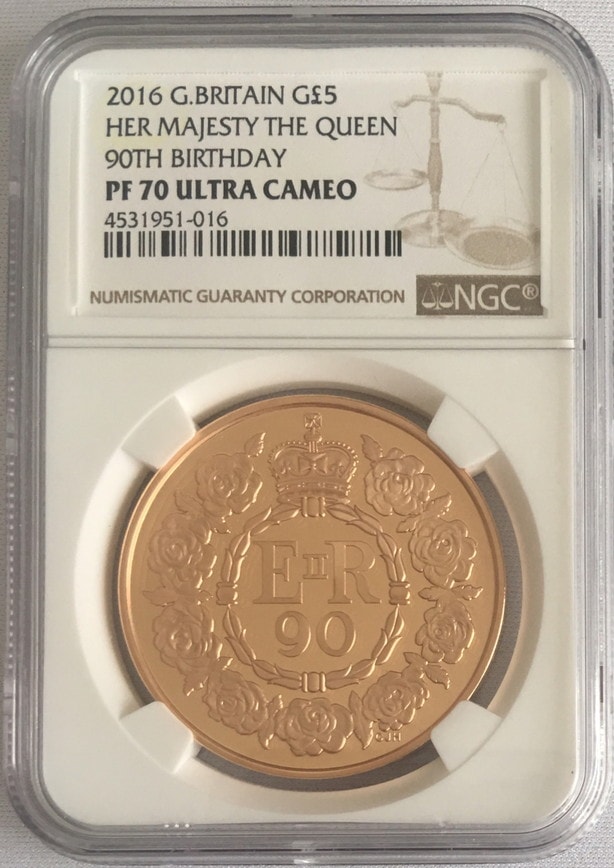 【動画あり】2016年グレートブリテン　エリザベス女王生誕90周年5ポンド金貨PF70UCAM　NGC